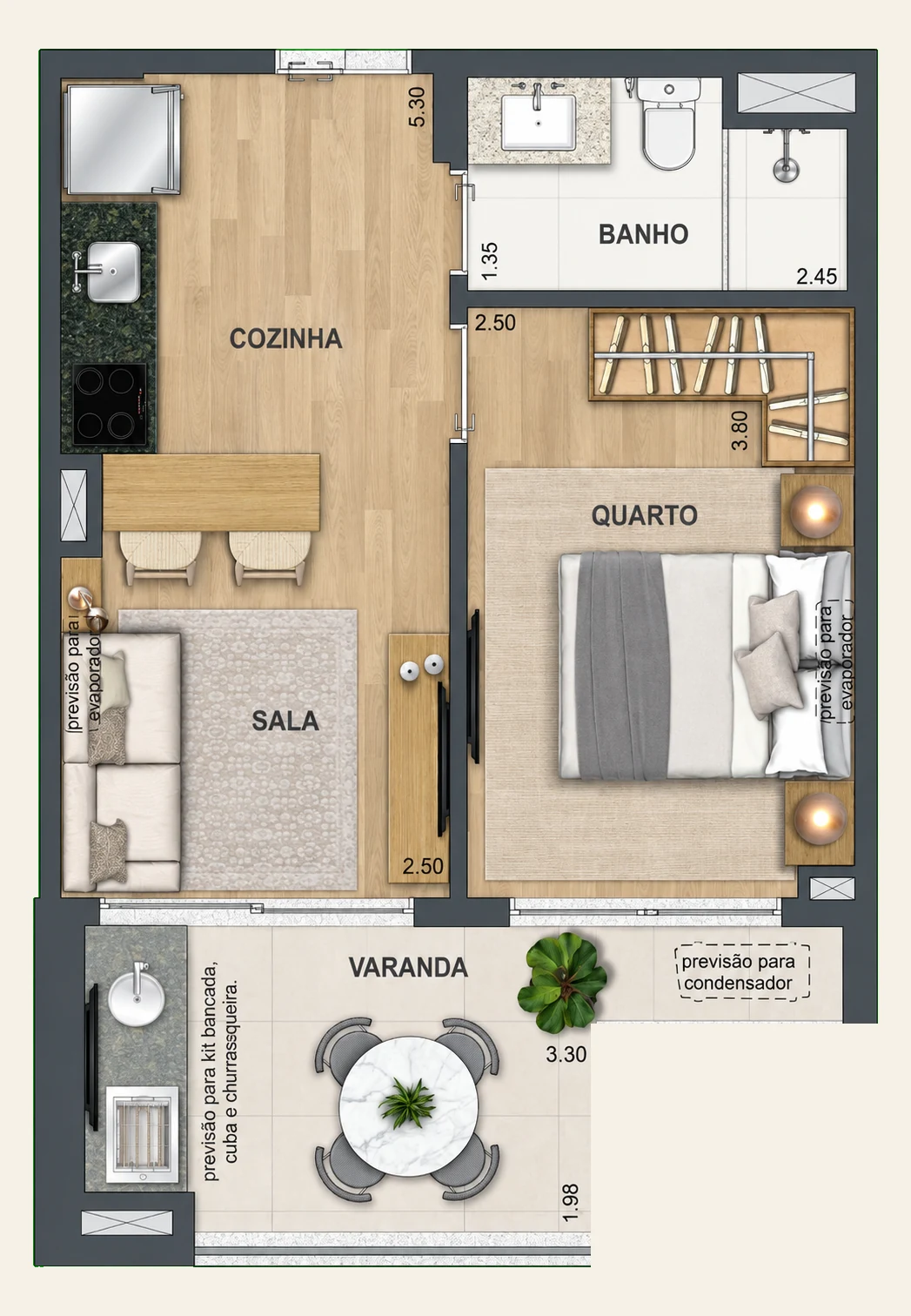 Sala e quarto · Ed. Caribe · 39 e 40 m²