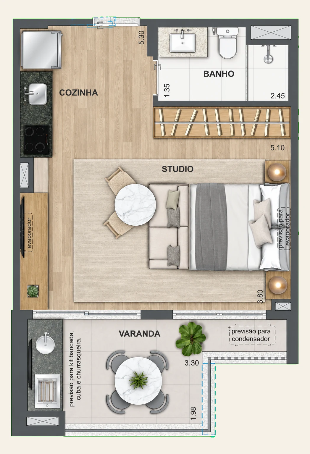 Studio · Ed. Caribe · 39 e 40 m²