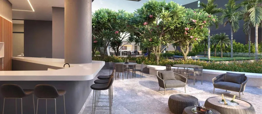 Render do pool bar do Concept, com o jardim ao fundo