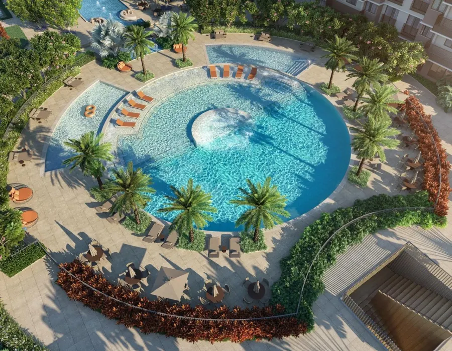 Render aéreo da piscina do Endless, na Península