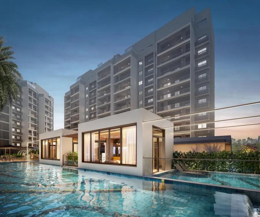 Render da piscina e das pool houses do We Barra ao entardecer